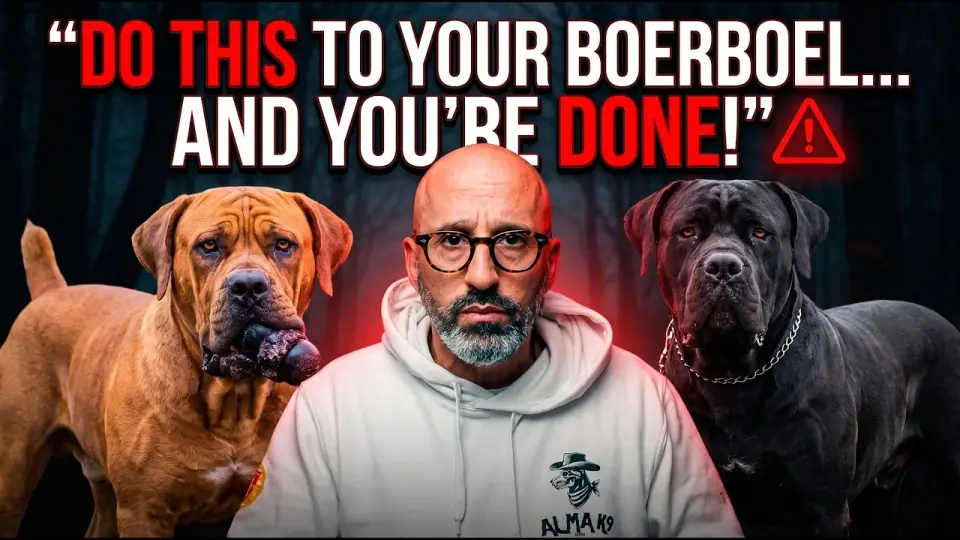 Rui Navarro entre dois Boerboels, miniatura de um vídeo do canal Dogman Rui no YouTube