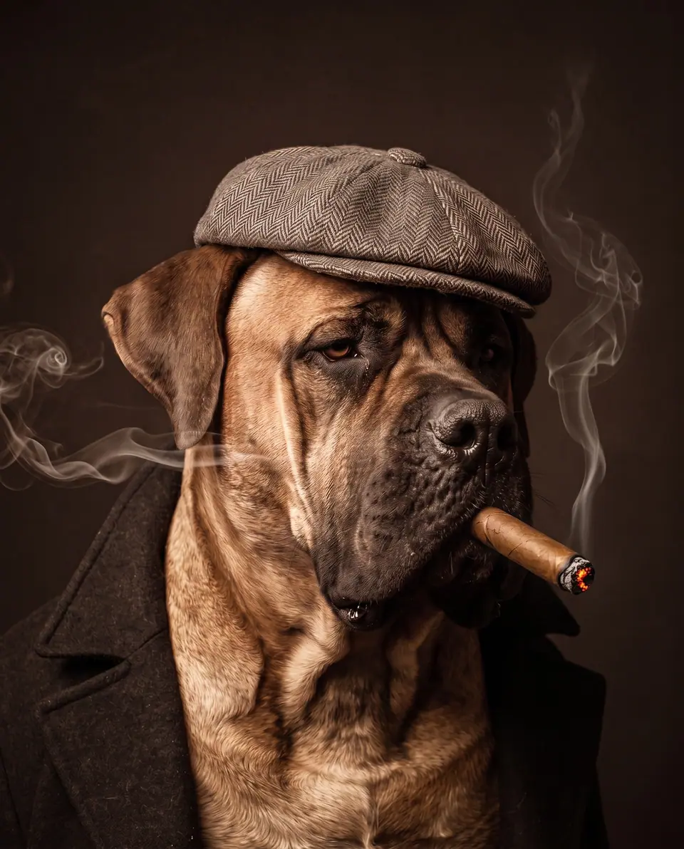 Ilustração: o emblema da Elite Boerboels ganha vida, um Boerboel de boina em espinha de peixe e sobretudo escuro, com um charuto